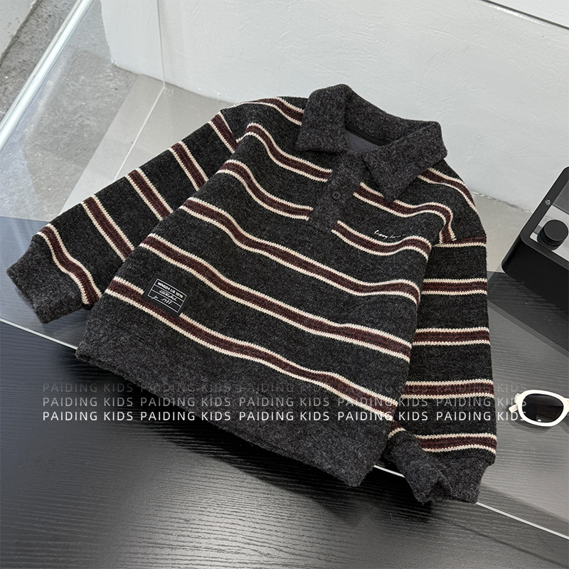 冬装儿童韩版撞色条纹翻领两色休闲保暖针织毛衣SJ6958