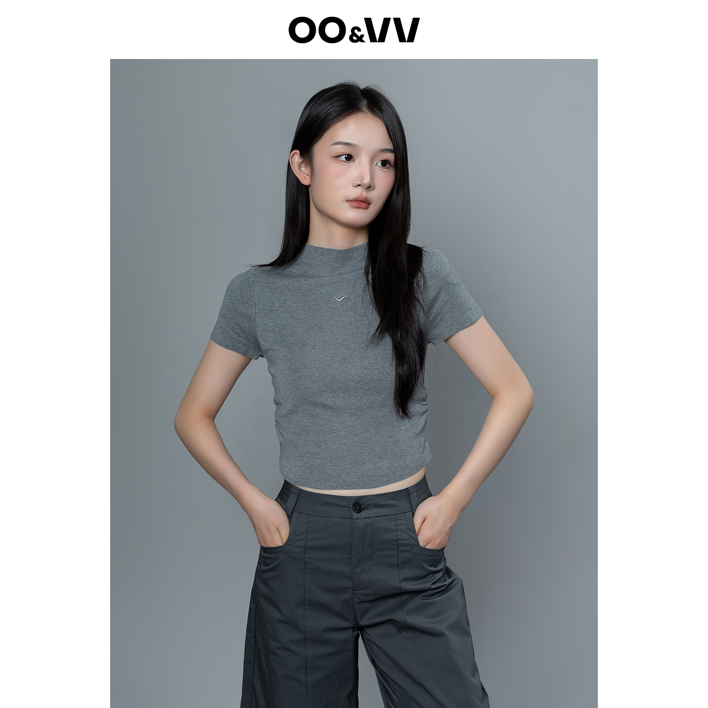 OO&VV2025秋新款莱赛尔刺绣薄款短袖针织衫修身显瘦纯色气质T恤女