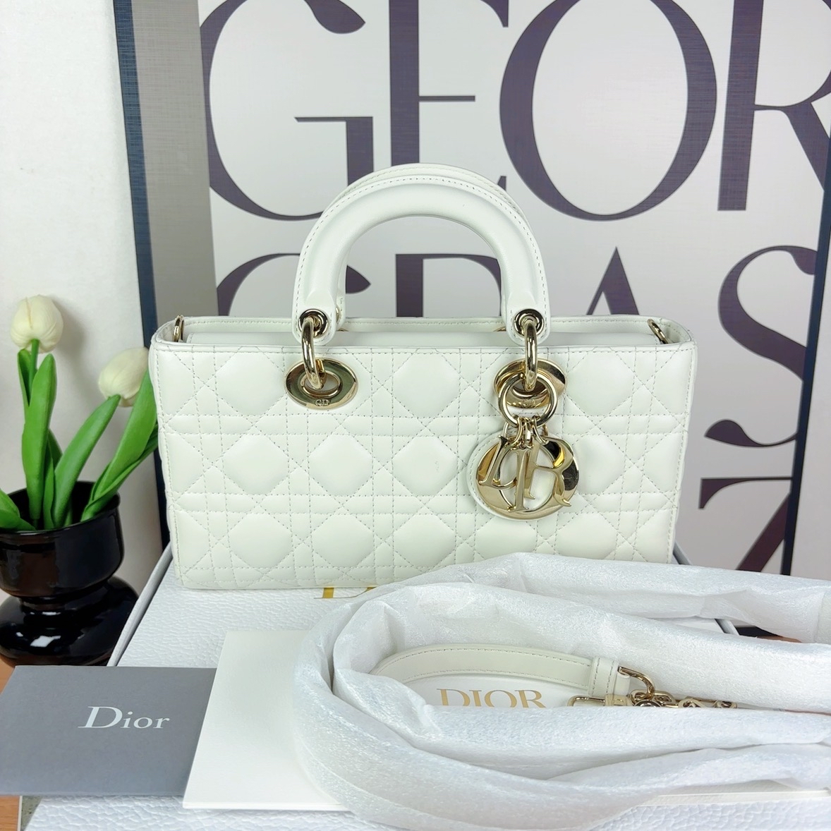 未使用 DIOR/迪奥 迪奥/Dior 奶白色横版戴妃 中号 25年票
