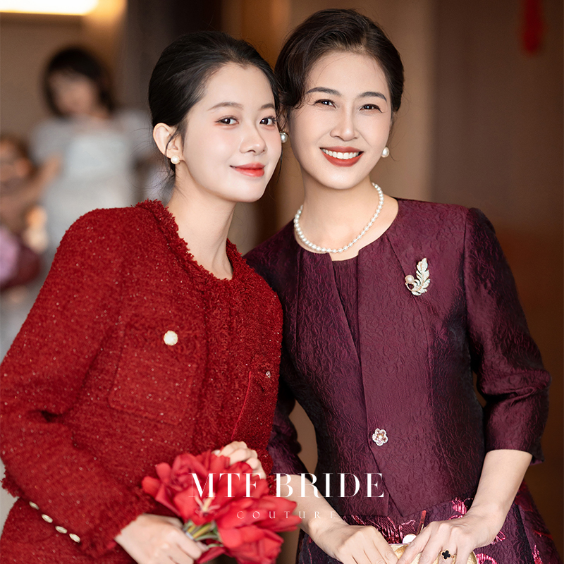 满庭芳华【首批】妈妈婚宴礼服气质显瘦套装酒红提花高级喜婆婆套装