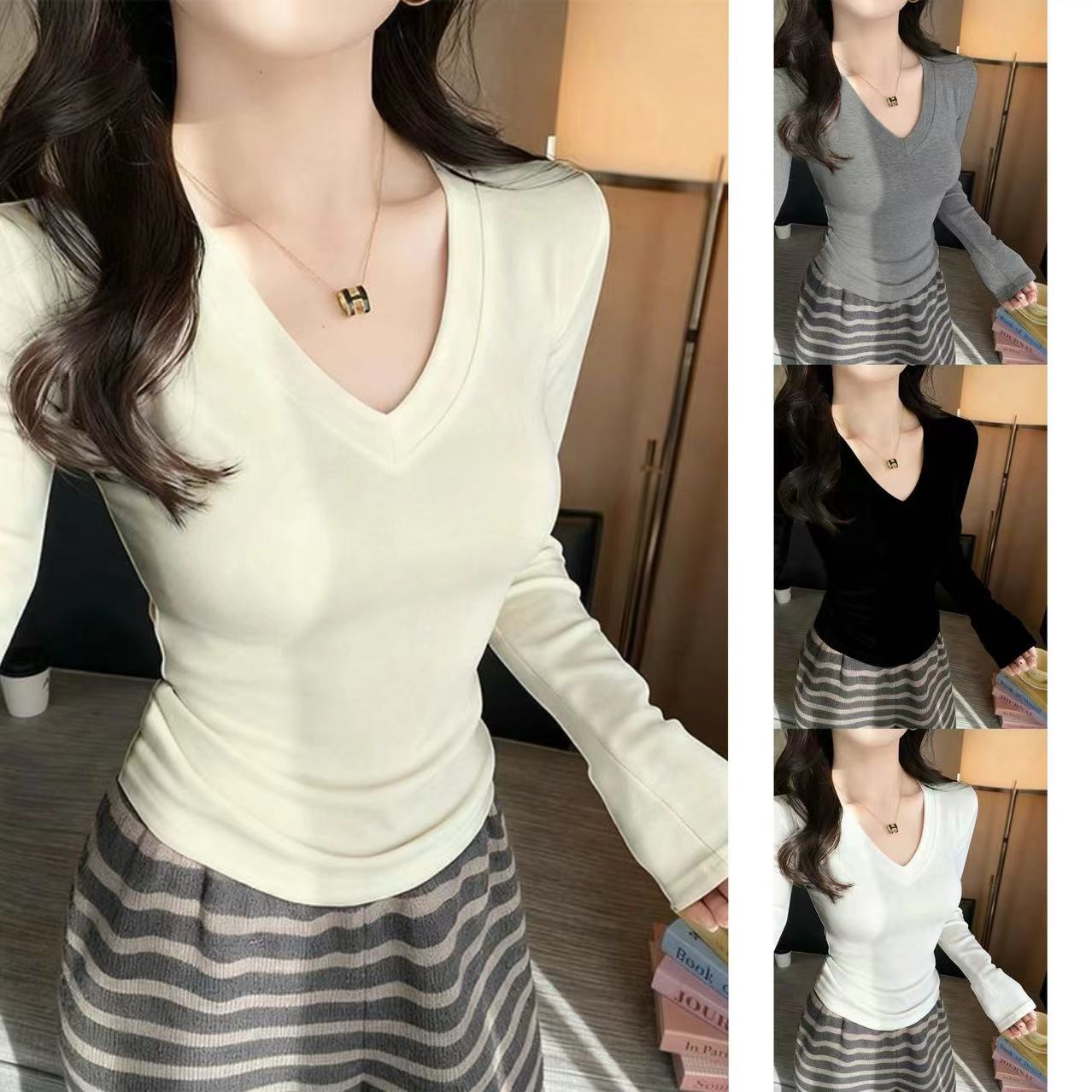 【现货+运补6】秋冬保暖德绒纯欲V领长袖T恤打底衫修身显瘦辣妹上衣