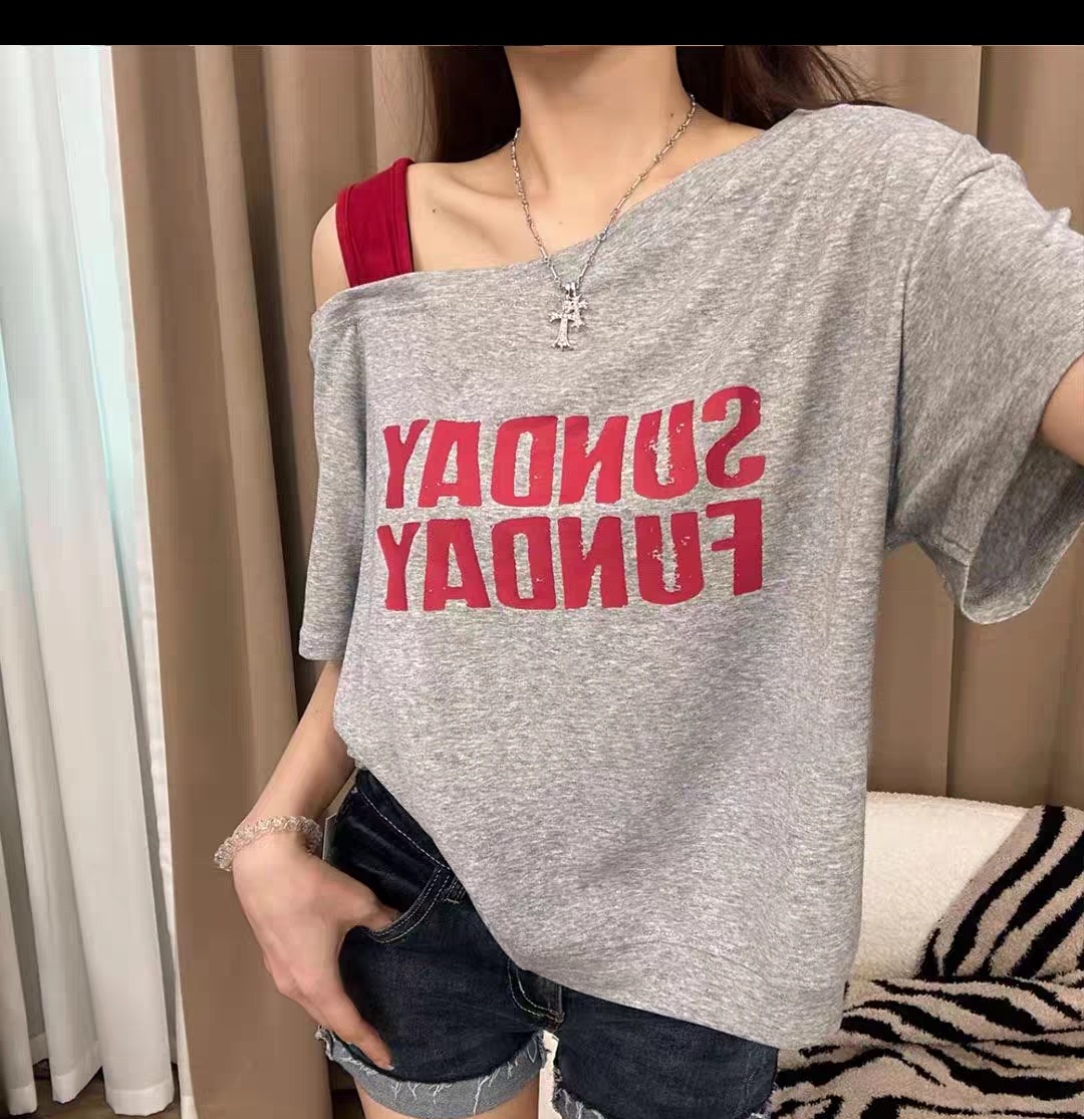 吸汗短袖欧式宽松型拼接常规T恤背心小众不规则露肩