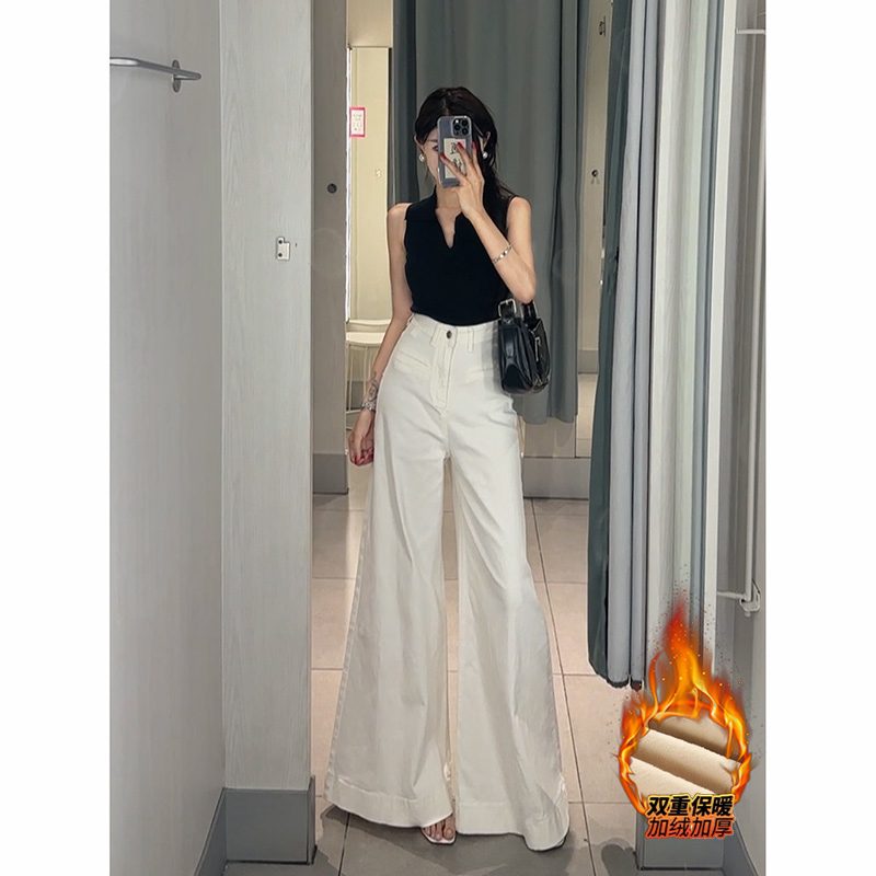 加绒气质白色高腰超阔腿牛仔裤女2025年冬季新款显瘦牛仔拖地裤