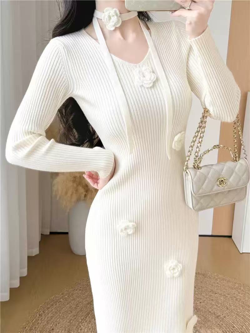 气质女人秋冬法式百搭显瘦花朵连衣裙针织针织连衣裙毛衣裙