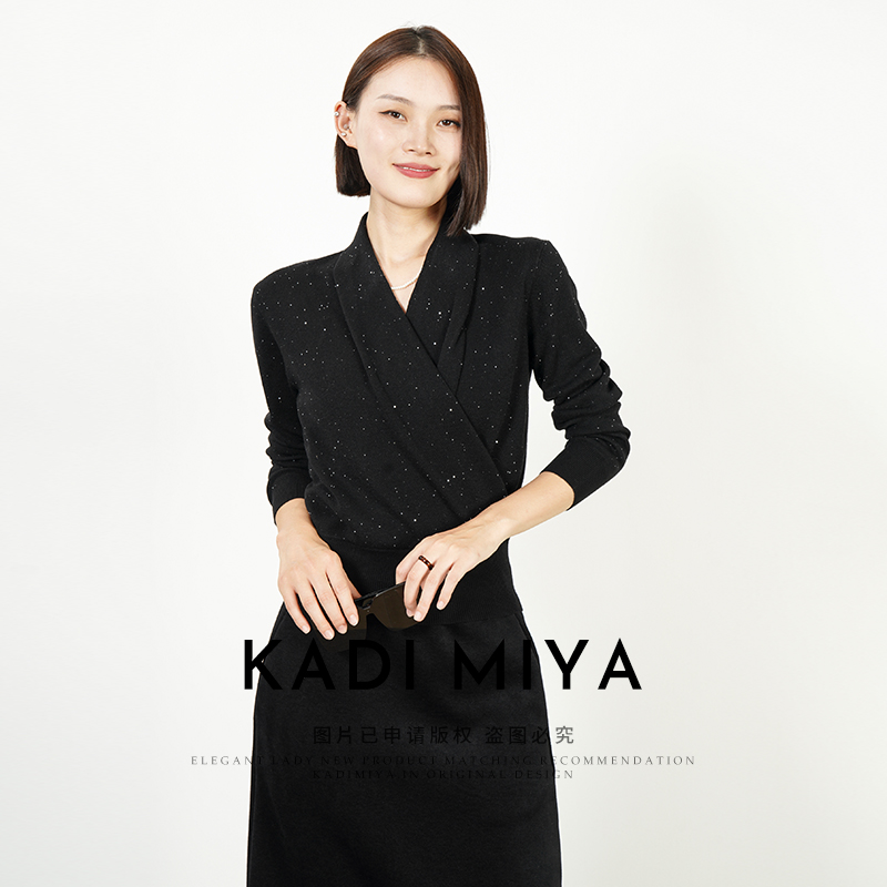 KADIMIYA【升级版】法式雅致交叉领软糯针织亮片羊毛毛衫长袖上衣女