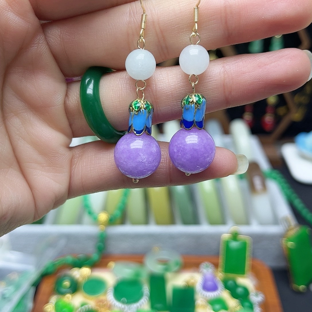 翡翠未镶嵌耳饰紫