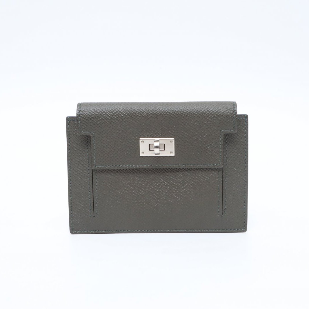 99新 Hermes/爱马仕 小花攀攀Kelly Pocket 零钱包 灰绿色Ep皮Y刻