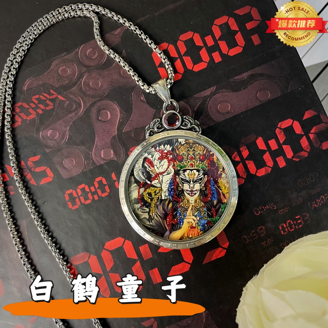 白鹤童子纯钛钢大圆双面唐卡 正品藏传纯手工彩金唐卡