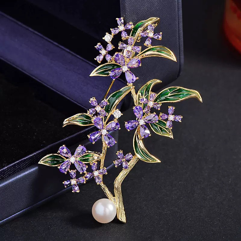 铜合金锆石胸针 1856新品高货反镶紫色桂花珠珠胸针