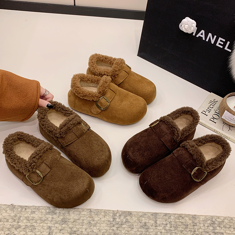 厚底加绒豆豆勃肯鞋女2025新款秋冬季一脚蹬乐福棉鞋子保暖雪地棉