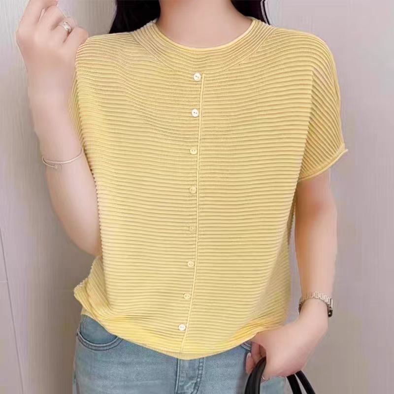 【小香风短袖-黄】欧洲站欧货横坑条纽扣圆领套头上衣短袖女潮夏