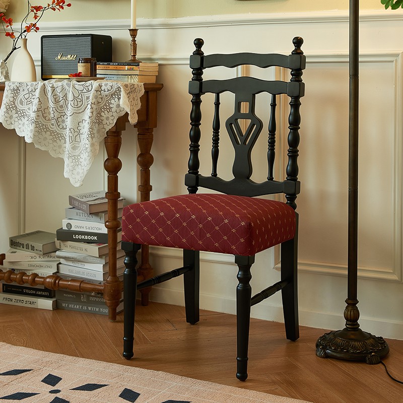 黑骑士椅丨法式复古实木餐椅设计师美式梳妆椅卧室家用黑色靠背椅