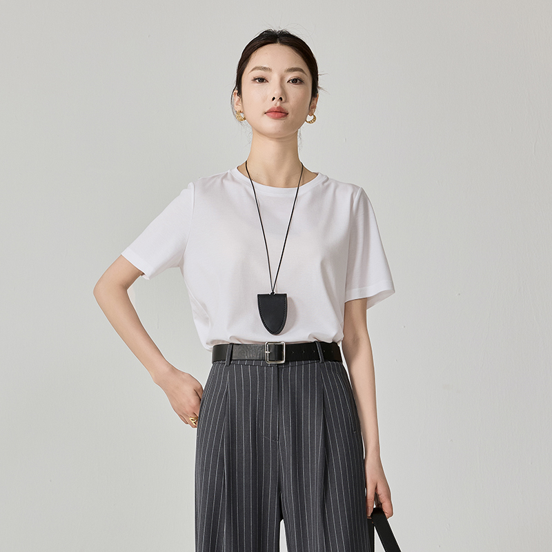 2025夏季新款短袖T恤女休闲百搭圆领套头纯色桑蚕丝半袖体恤衫