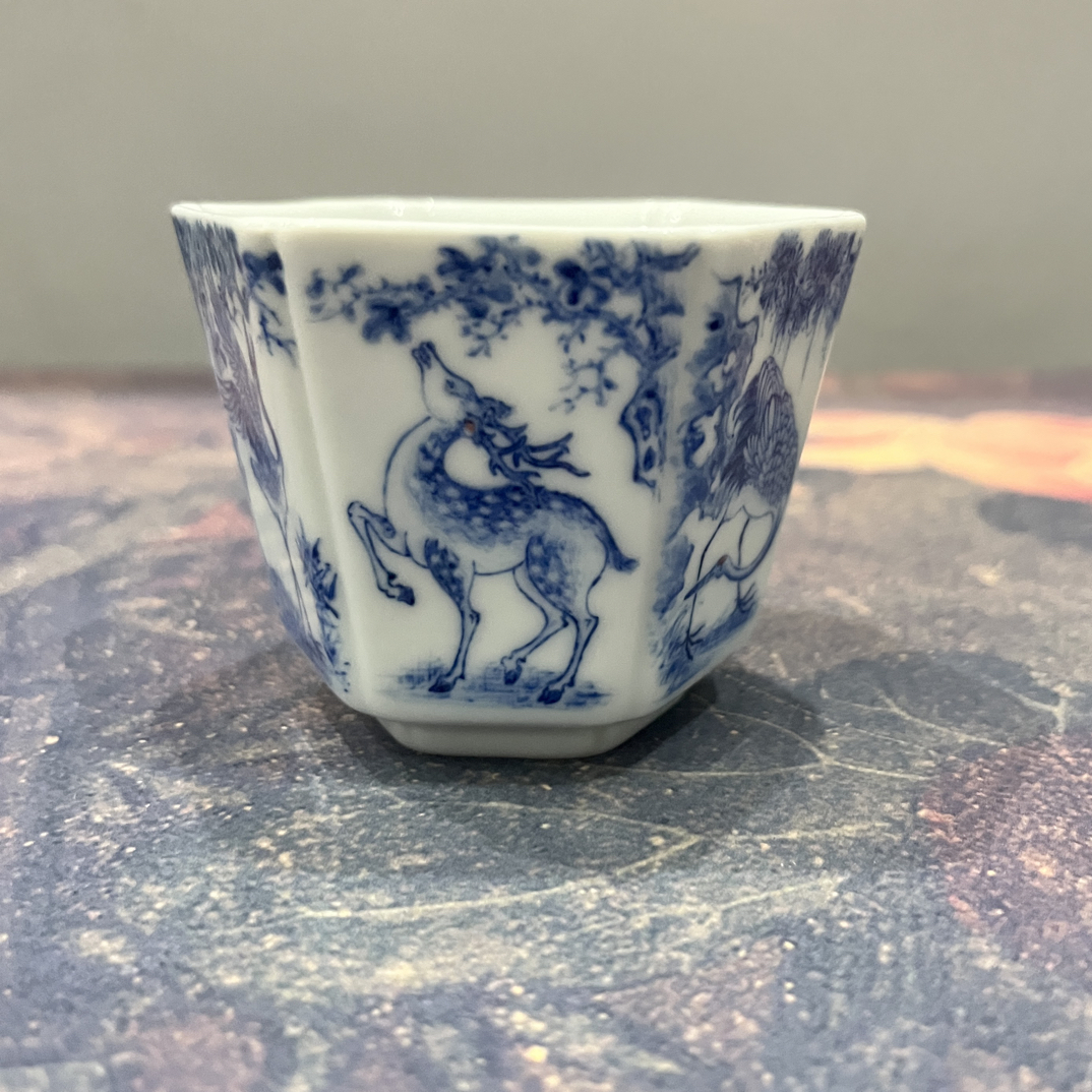 景德镇青花瓷鹤鹿同春六方杯手工手绘陶瓷茶杯