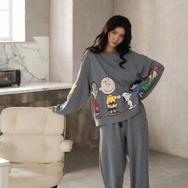 贝贝家春秋季纯棉长袖开衫格子家居服套装