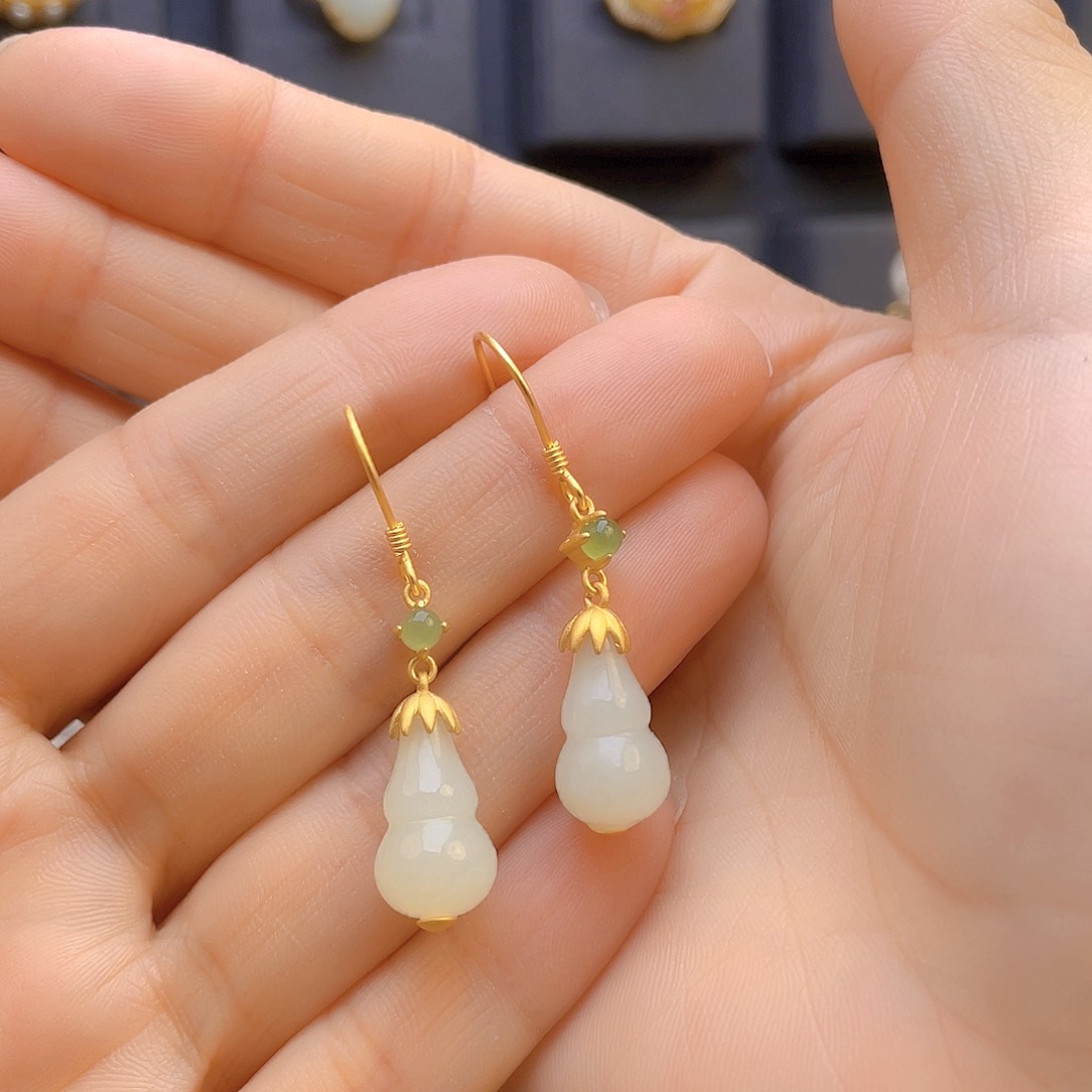 和田玉耳饰银S925镀金镶嵌