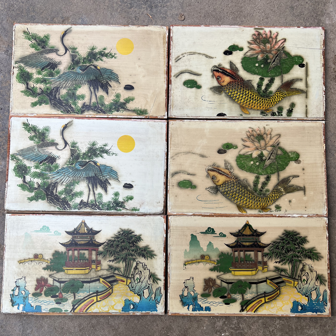 老物件木雕画板六片一套风景阁楼鱼松鹤延年