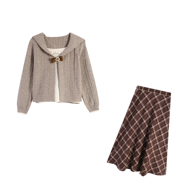 橘子-五季家大码女装燕麦色上衣+咖格长半裙两件套ZL112996套装