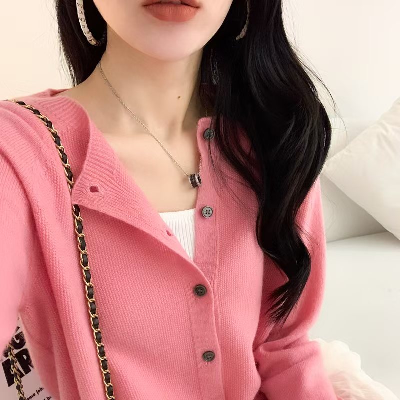 超好看~桂花针外套羊毛精纺开衫女圆领针织纽扣宽松毛衣