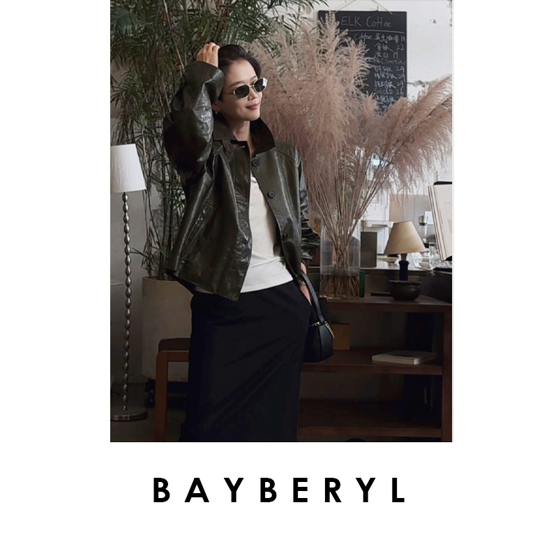 BAYBERYL老贝罗塞*油蜡绿翻领插肩百搭时尚25秋皮衣PY5E2243-7/11