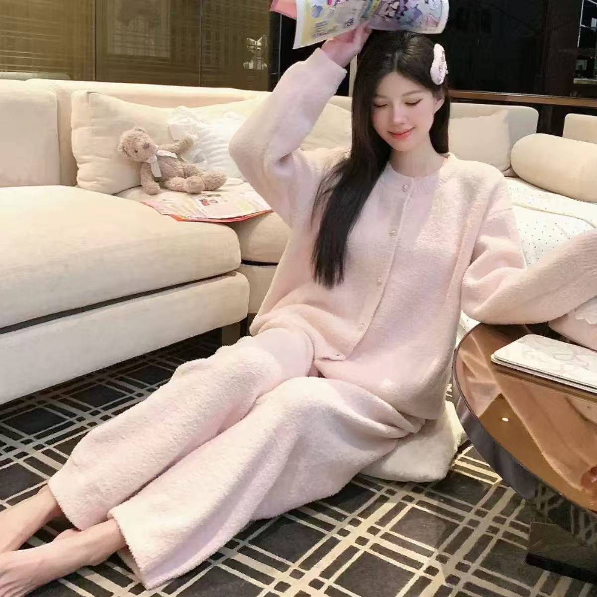 半边绒睡衣奶油粉珍珠扣圆领针织外套秋冬新款小香风家居服 