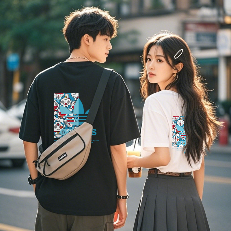 印花夏季短袖情侣装领巾印花短袖T恤学生运动上衣