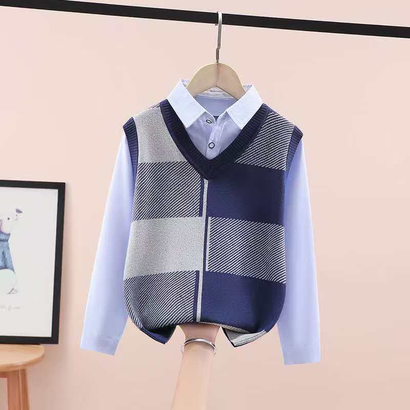 男童针织衫2025上衣秋冬毛衣格子秋装拼色翻领POLO领男童纯棉