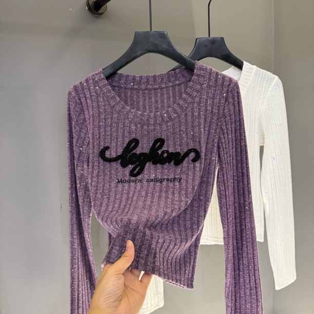 长袖T恤女秋冬季重工刺绣修身显瘦白色内搭打底衫磨毛上衣127#