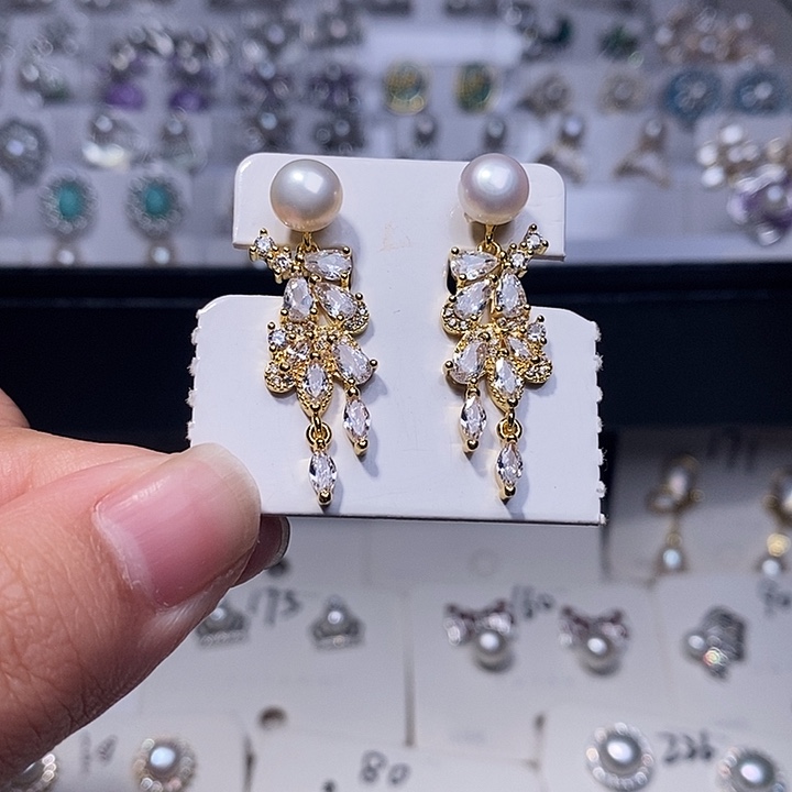 耳饰银S925镶嵌淡水珍珠