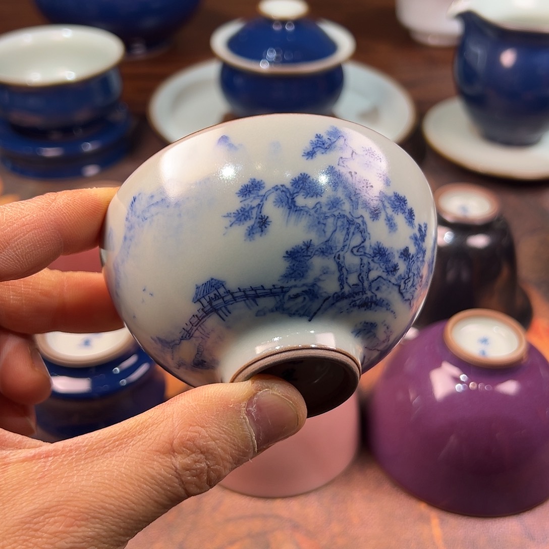 杯天青半月杯山水开片