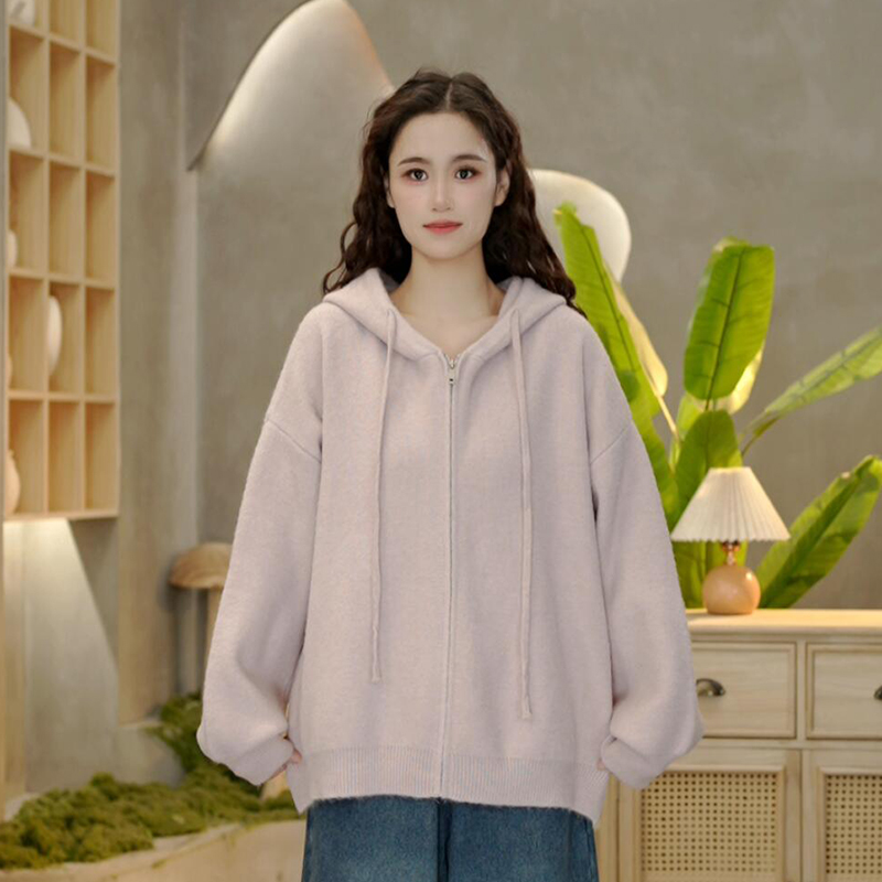 5199秋冬季新款连帽针织开衫慵懒风宽松针织衫软糯外套女毛衣上衣