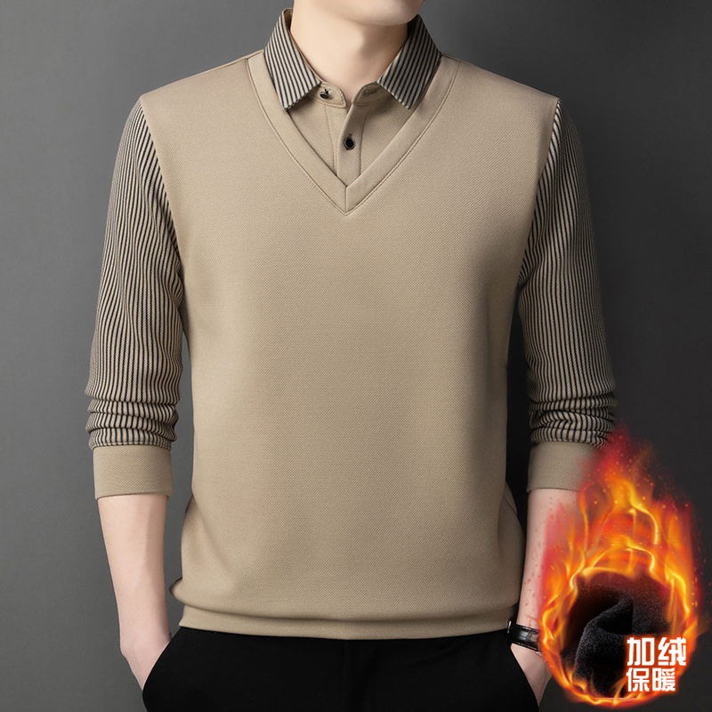 秋冬新款条纹商务冬季男士加绒加厚保暖毛衣男衬衫领假两件男装