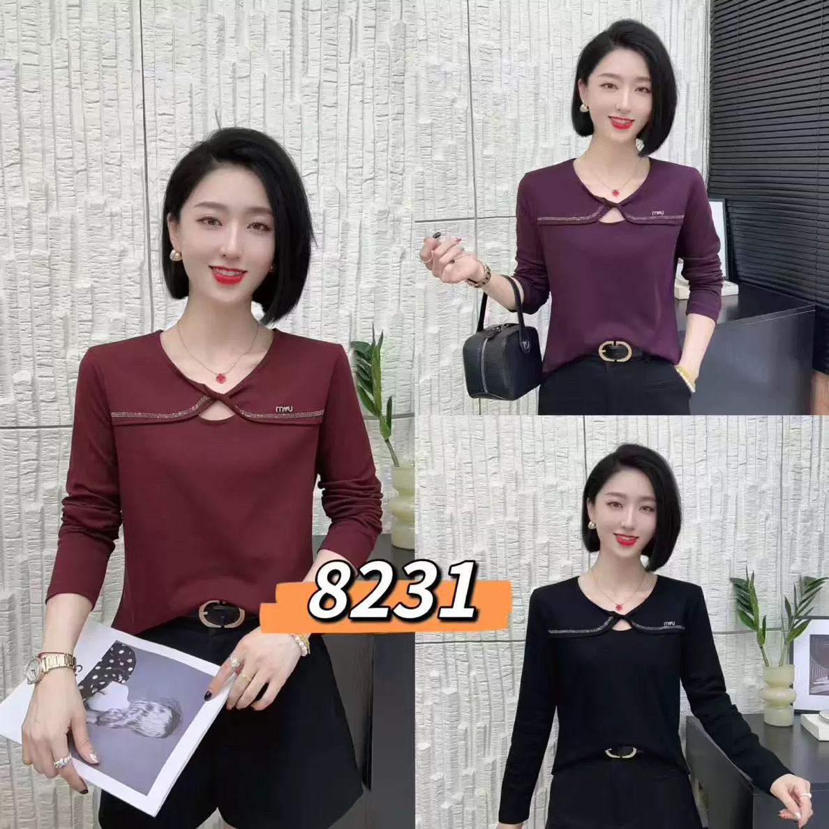 抽褶圆领常规款镂空长袖镶钻T恤打底衫秋冬百搭秋季001