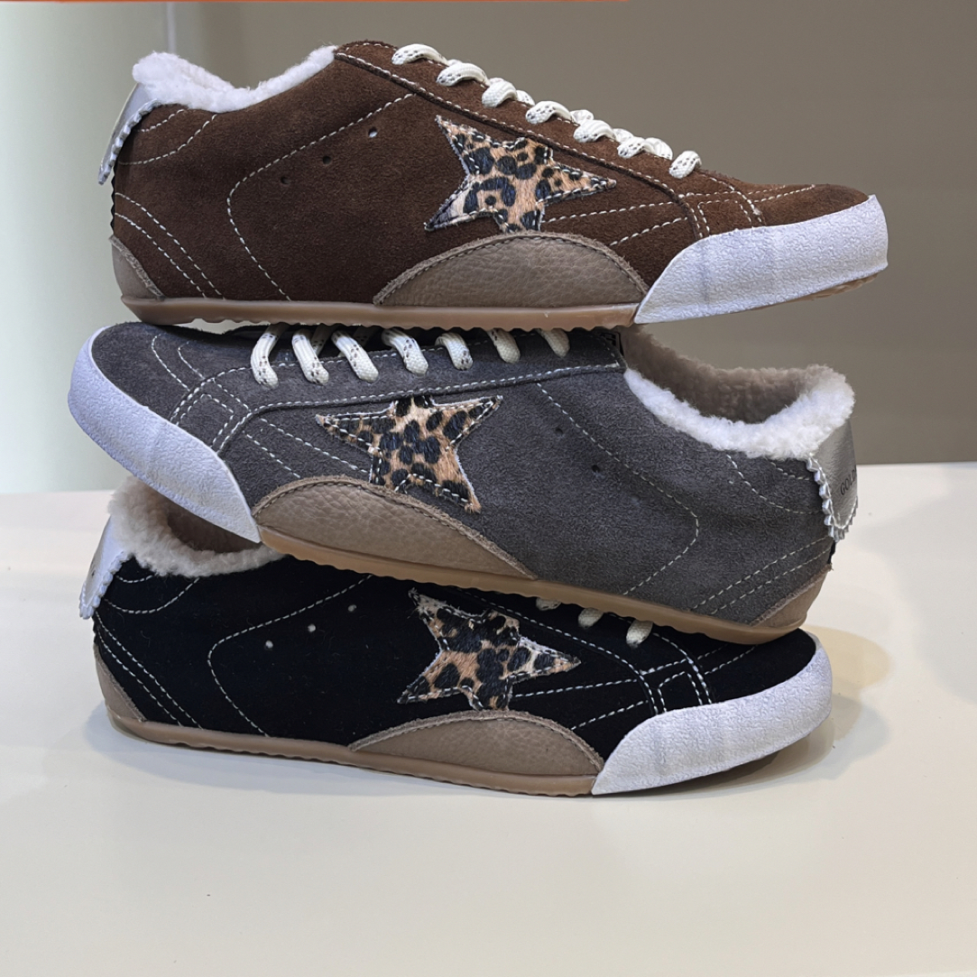 冬季加棉星星小脏鞋复古豹纹拼接真皮女鞋