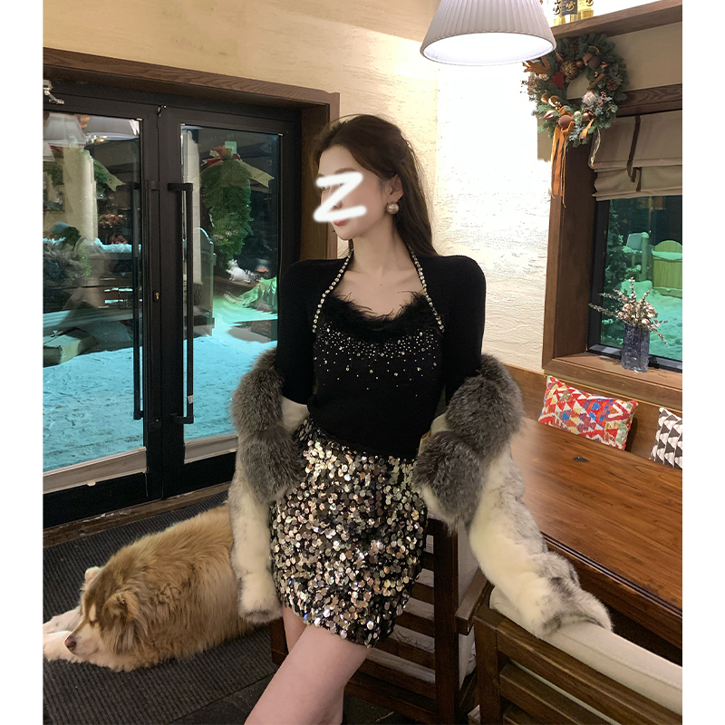 【心动旋律】法式重工烫钻毛毛拼接针织衫收腰显瘦气质打底上衣女