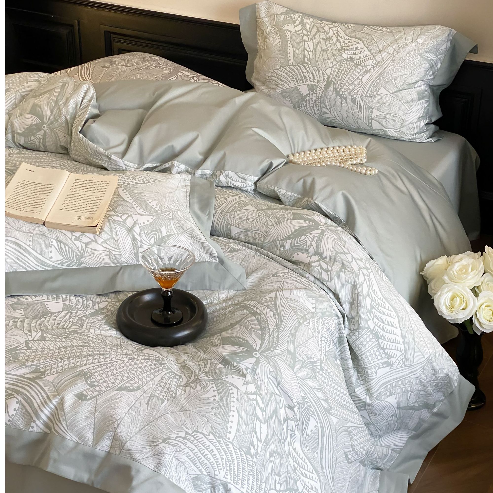 言良品至轻奢全棉匹马棉慕清风古典双层宽边数码印花床上四件套