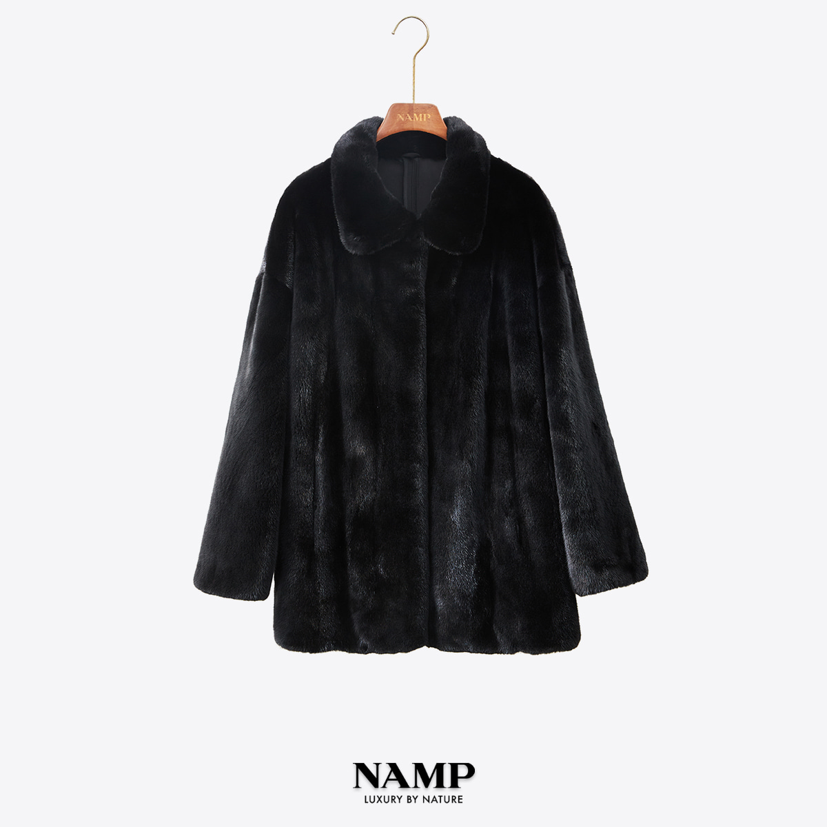  NAMP立翻两穿领宝嘉美增黑中长款  天鹅绒短二水貂毛皮草外套女