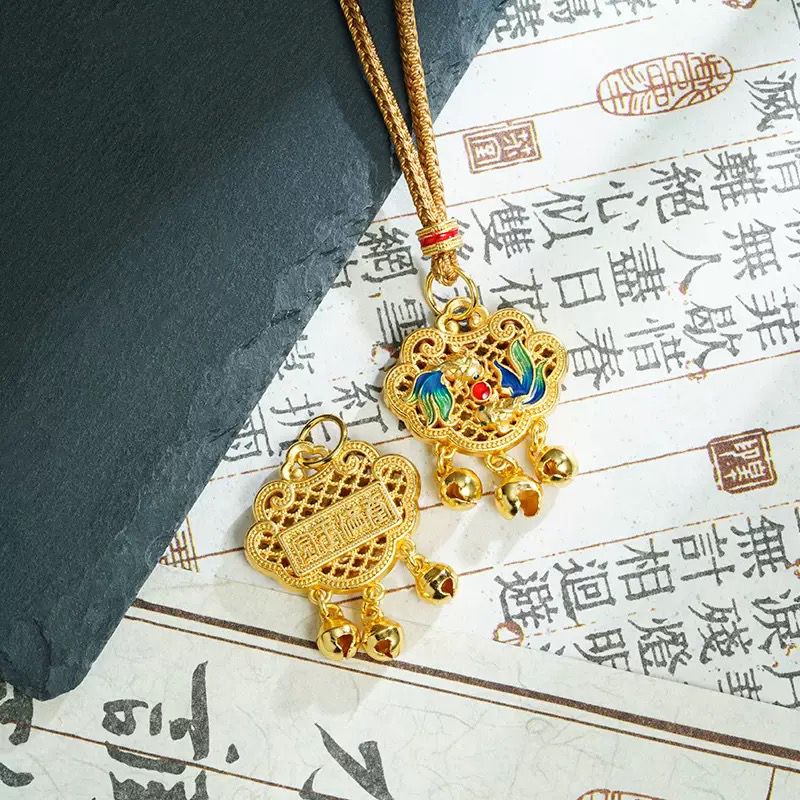 铜合金珐琅吊坠 项链复古锦鲤戏珠平安锁流苏吊坠女百搭宫廷风