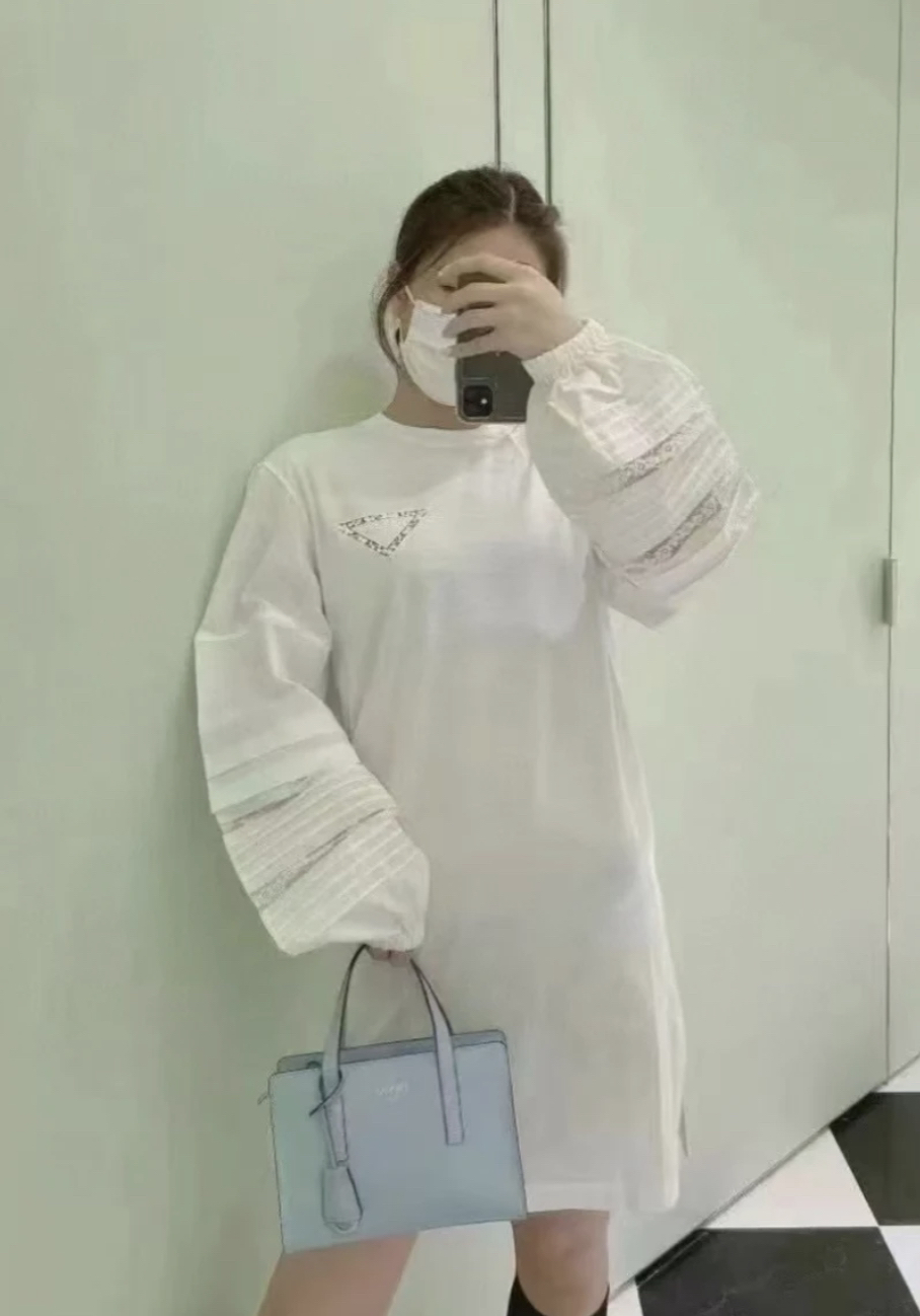 99新 Prada/普拉达  qq693 棉 白色三角标长袖连衣裙 S码