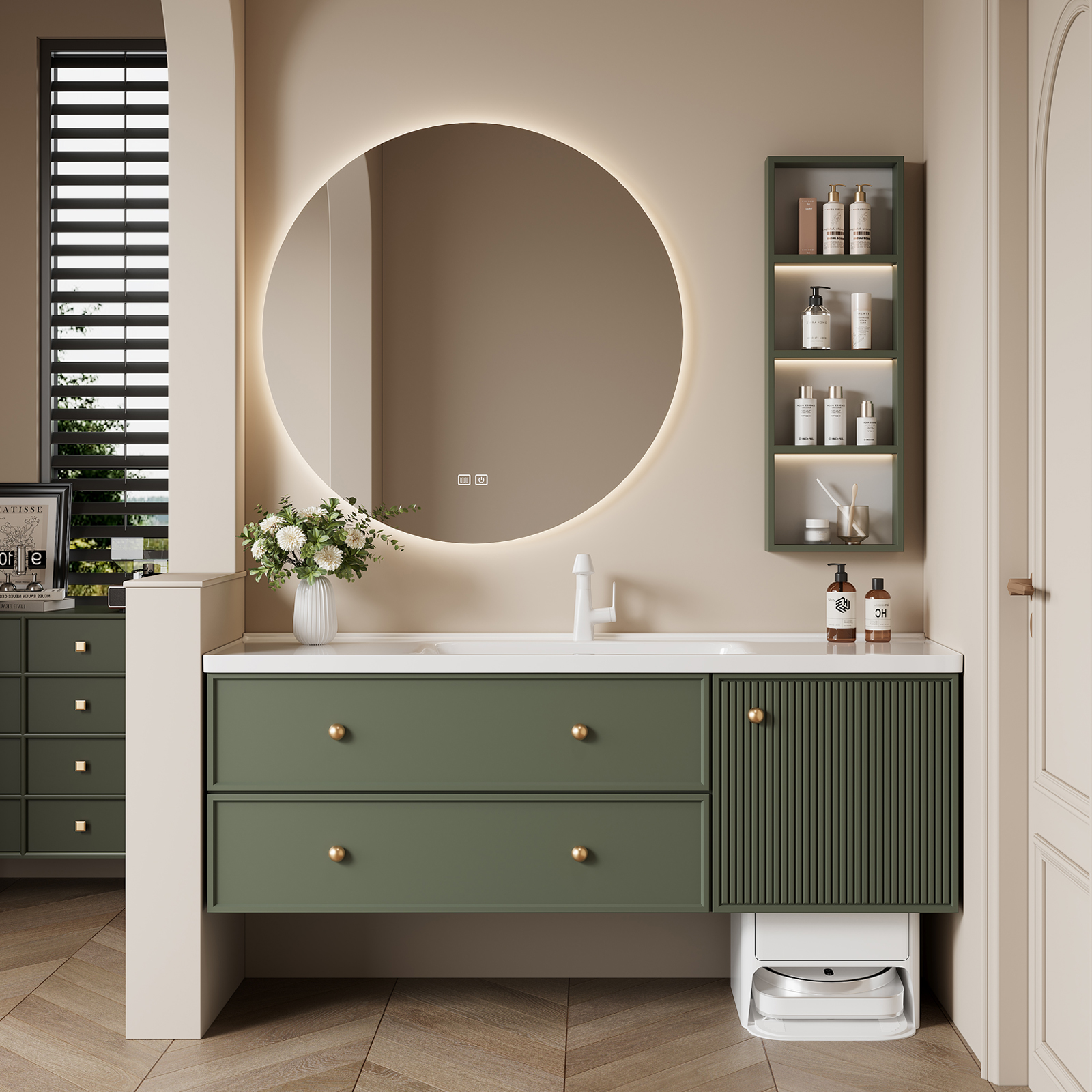 法式实木浴室柜组合卫生间扫地机器人陶瓷一体盆卫浴洗手洗脸盆柜