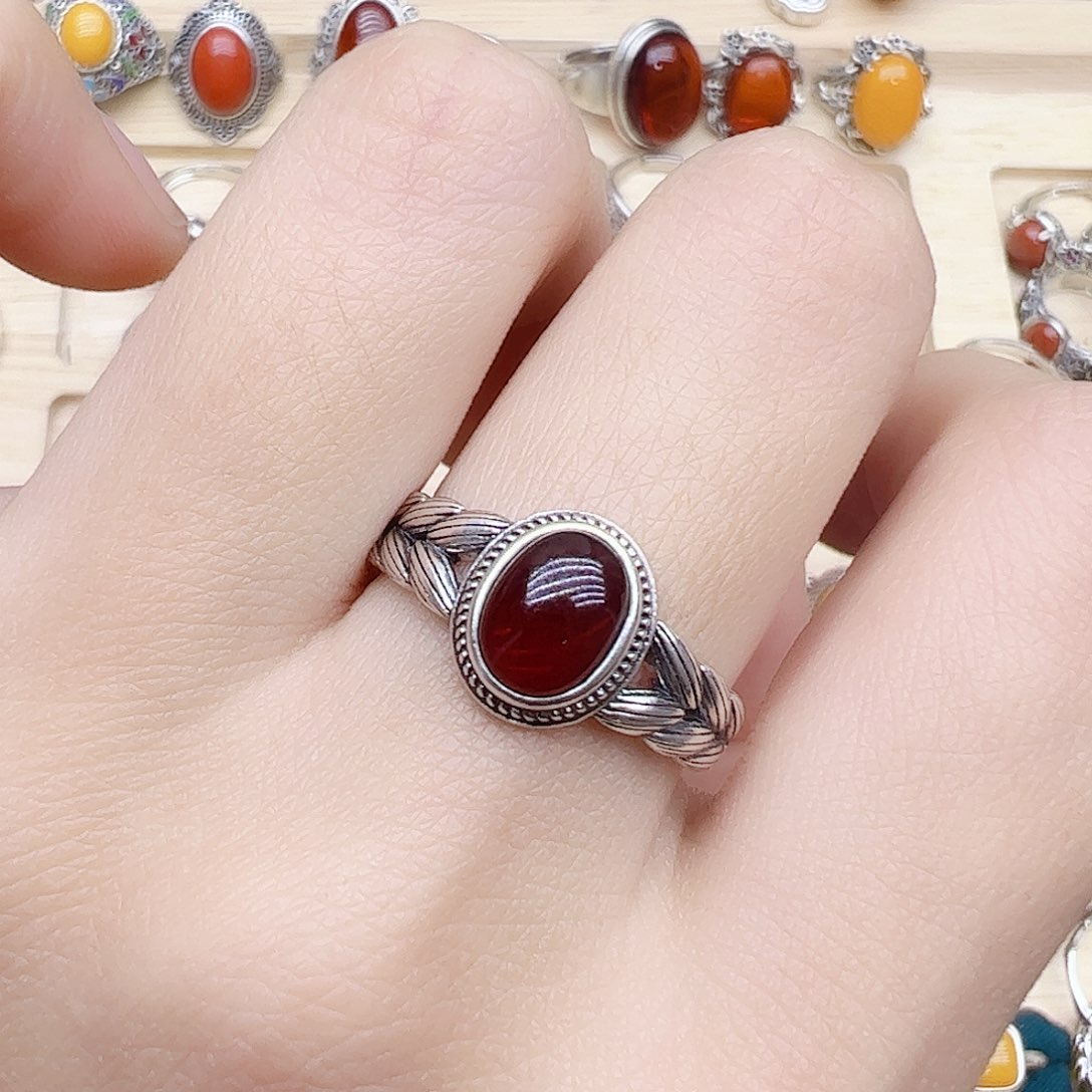 血珀戒指银S925镶嵌天然