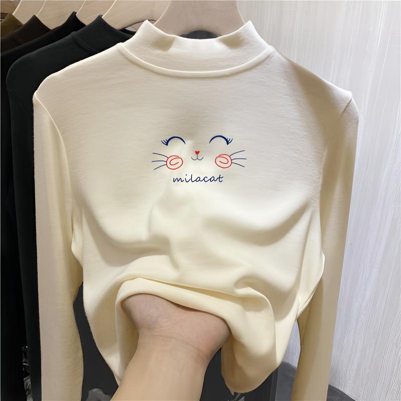 男女童半高领奶油小猫咪德绒洋气长袖t恤中大童秋冬保暖新款上衣