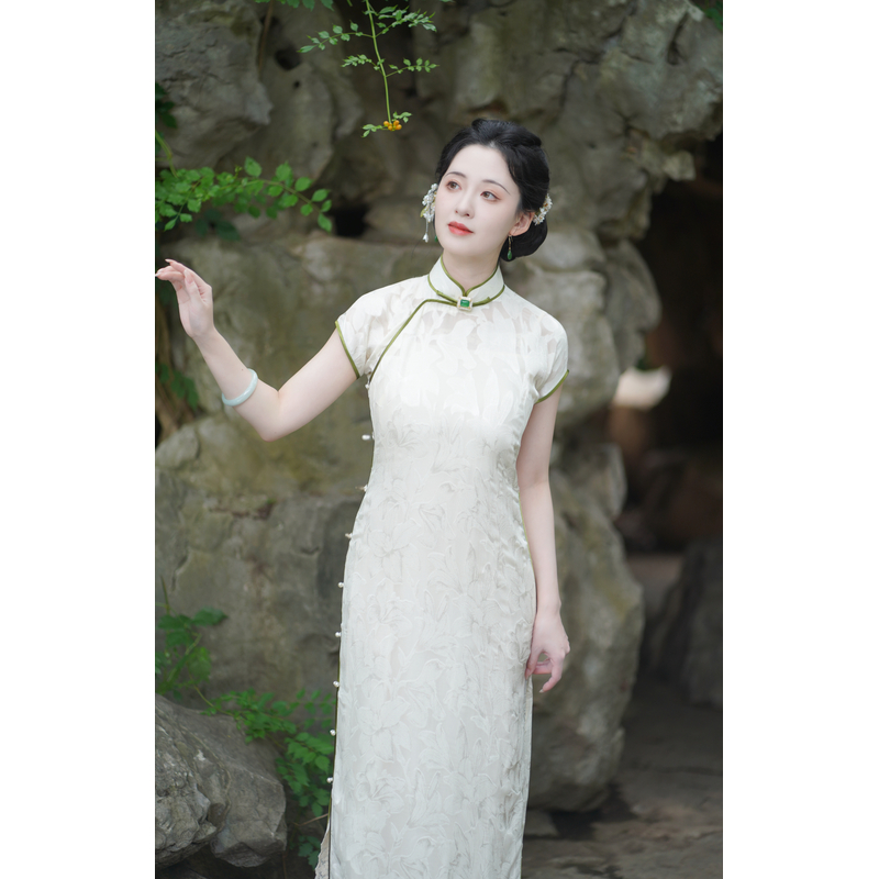 百合｜梦回古法一片式平裁单层透视真丝桑蚕丝旗袍连衣裙30s曳地