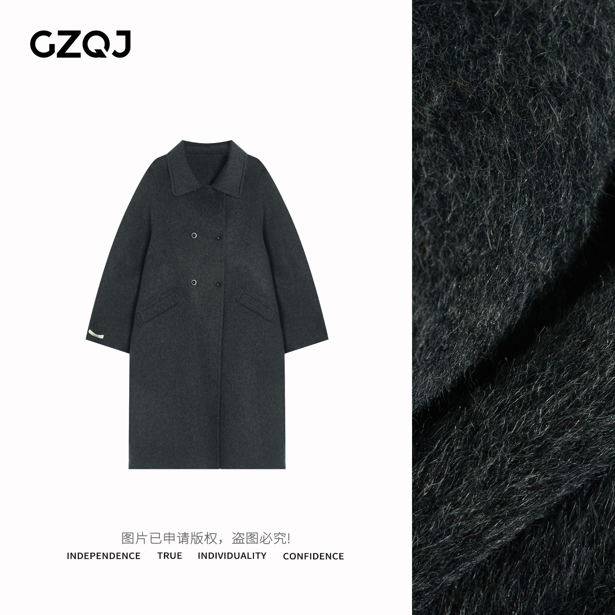 广州琴姐【松岛大衣】双面呢翻领双排扣绵羊毛大衣毛呢外套女98099