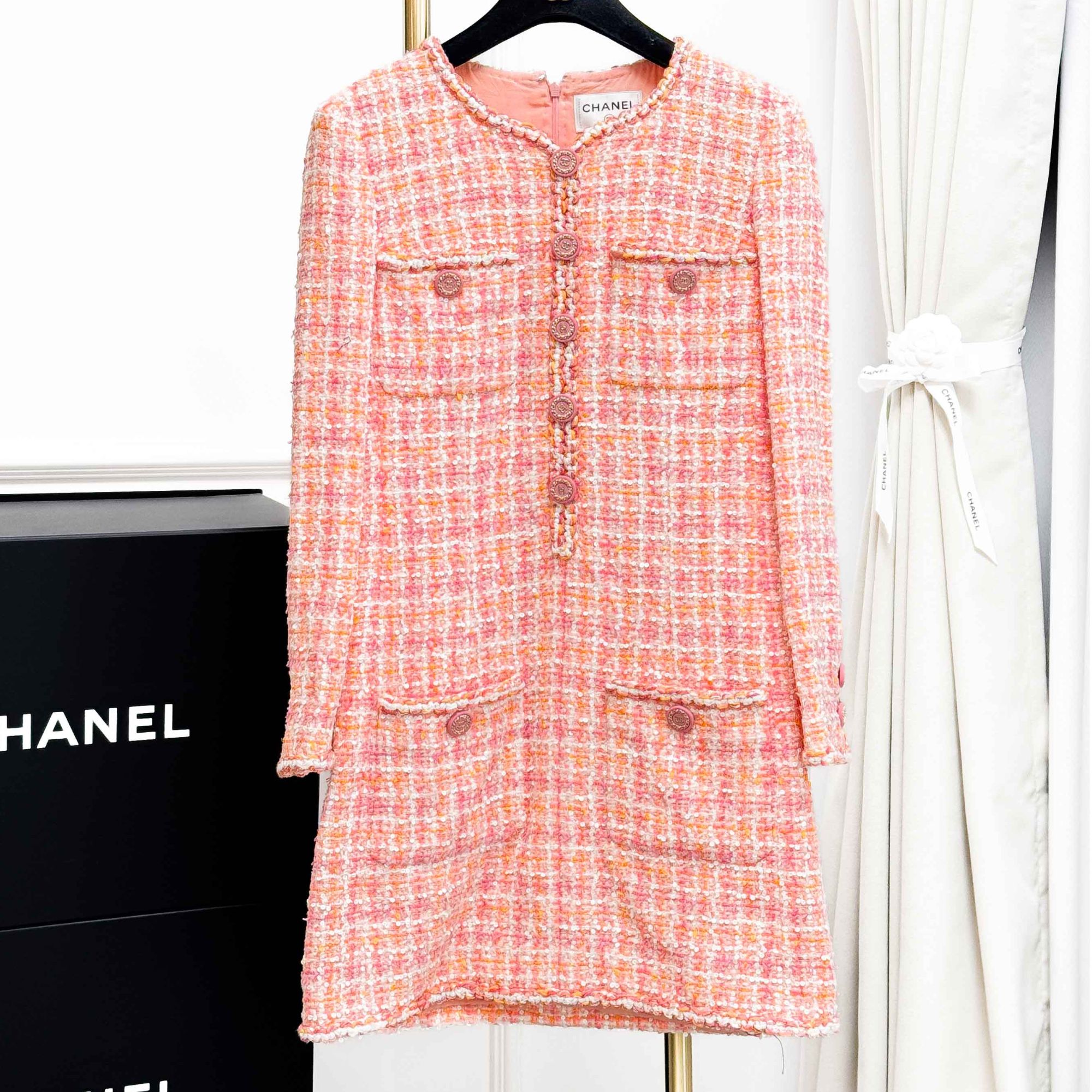 99新 Chanel/香奈儿  36码 橘粉色拼白色 亮片 四口袋  连衣裙