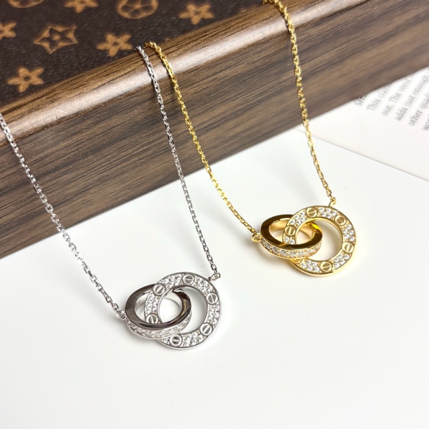 坠链均925银合成锆石 卡家轻奢高级镀k金通体银环环相扣大饼项链