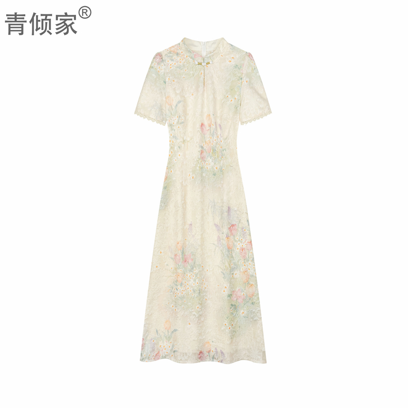 青倾家【粉黛花墙】新中式设计感烧花显瘦改良旗袍气质长裙夏季日常