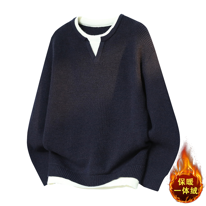 假两件拼色针织衫男士宽松高级感毛线衣秋冬季毛衣男潮流青年慵懒