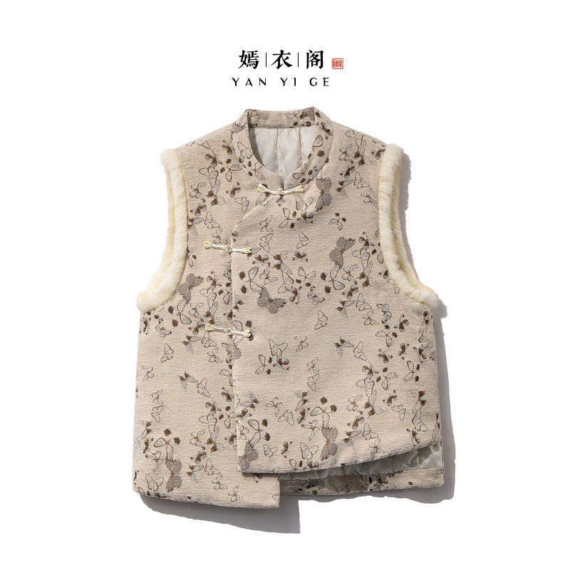 【蝶影】冬季2025新款新中式马夹女式加棉加厚宽松国风兔毛提花马甲