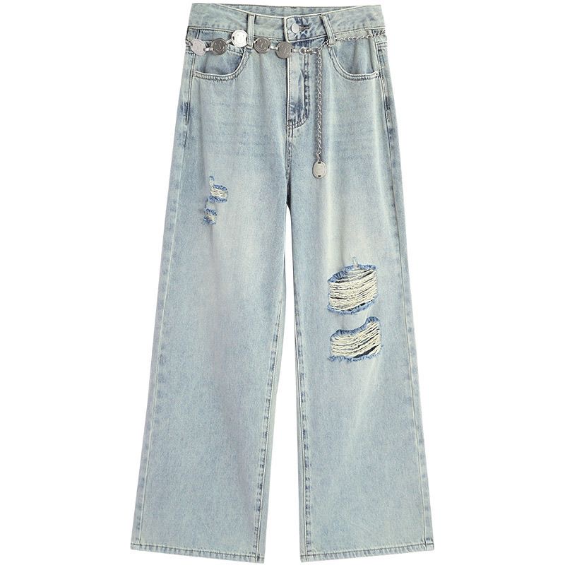 春直筒夏季新款美式甜酷个性辣妹破洞设计牛仔阔腿裤剪标宽松百搭